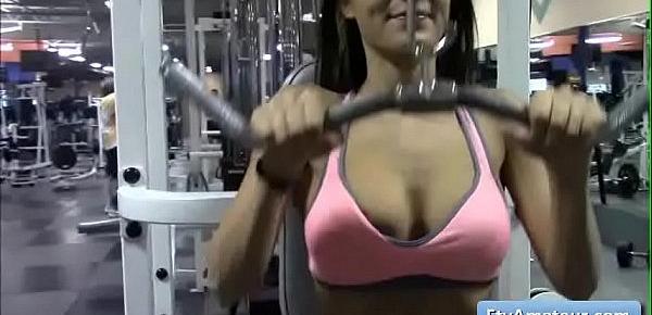  Sexy brunette teen amateur Lana show her natural big breasts while working out